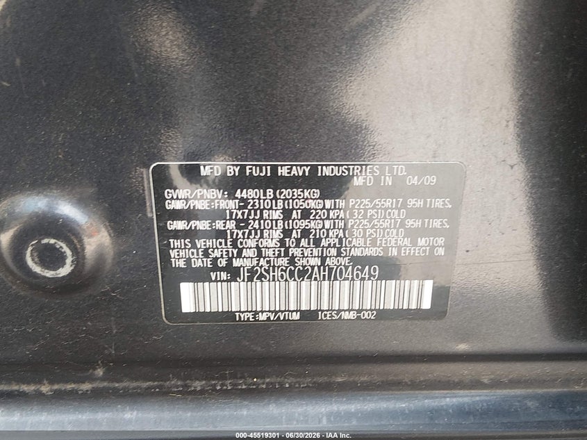 2010 Subaru Forester VIN JF2SH6CC2AH704649 IAAI salvage auction — FRONT END, Salvage (Maine), sold $25 on 2026-07-27 (photo 9)
