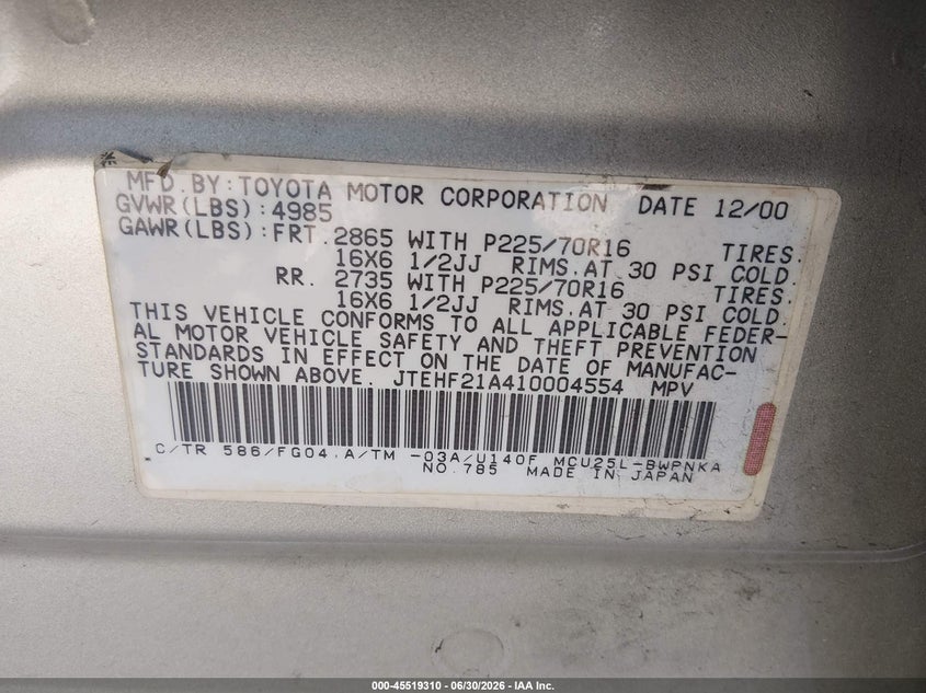 2001 Toyota Highlander VIN JTEHF21A410004554 IAAI salvage auction — SIDE, Salvage (California), sold $25 on 2026-07-29 (photo 9)