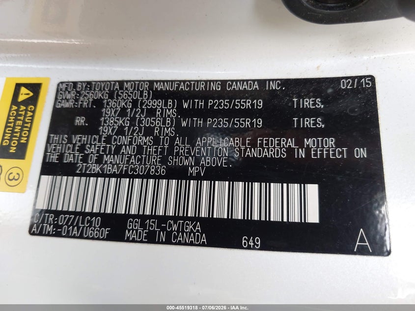 2015 Lexus Rx VIN 2T2BK1BA7FC307836 IAAI salvage auction — RIGHT FRONT, Salvage (Montana), sold $6,600 on 2026-08-03 (photo 9)