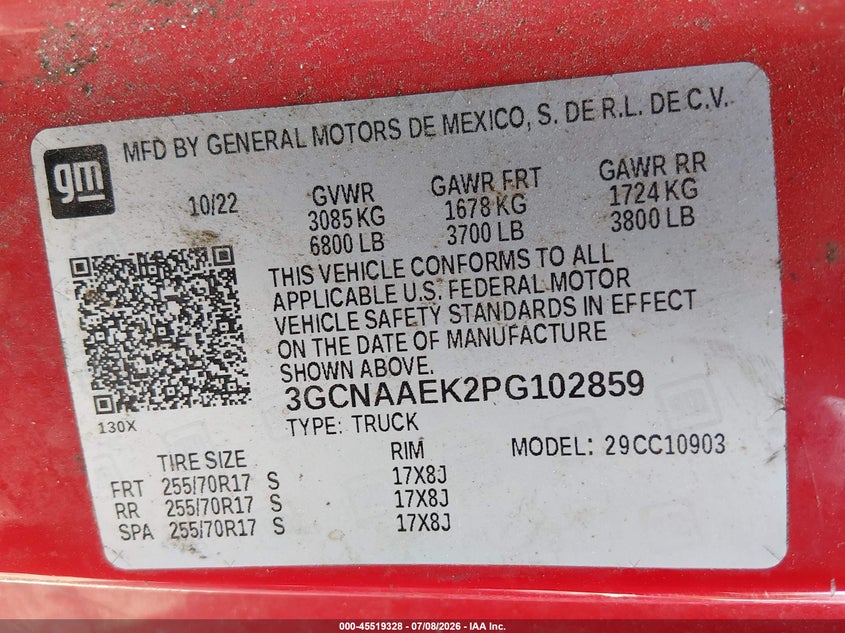 2023 Chevrolet Silverado VIN 3GCNAAEK2PG102859 IAAI salvage auction — FRONT END, Salvage (South Carolina), sold $6,200 on 2026-09-11 (photo 9)