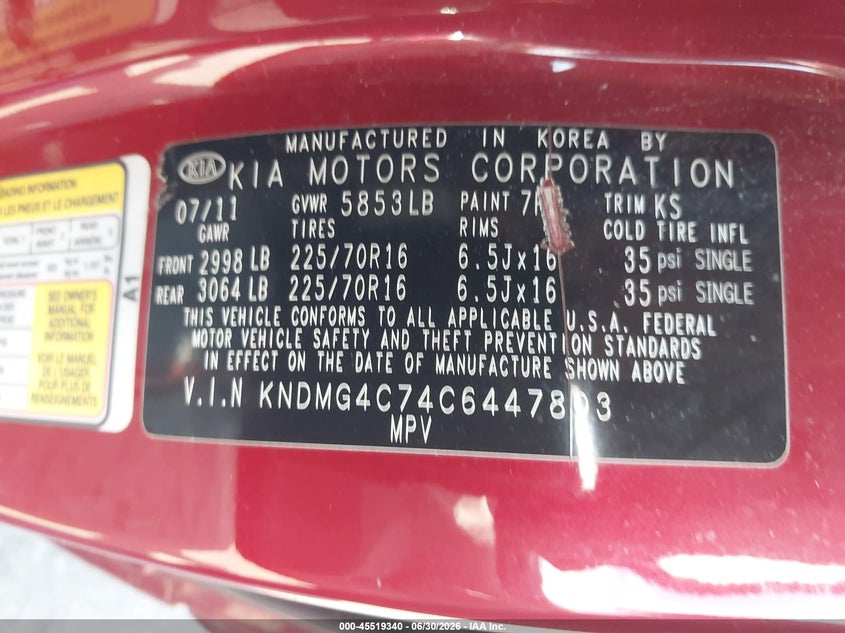 2012 Kia SEDONA VIN KNDMG4C74C6447803 IAAI salvage auction — LEFT SIDE, Salvage Title, sold $775 on 2026-07-28 (photo 9)