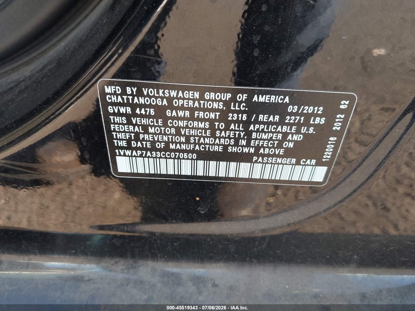 2012 Volkswagen Passat VIN 1VWAP7A33CC070500 IAAI salvage auction — FRONT END, Salvage Title, sold $300 on 2026-08-14 (photo 9)