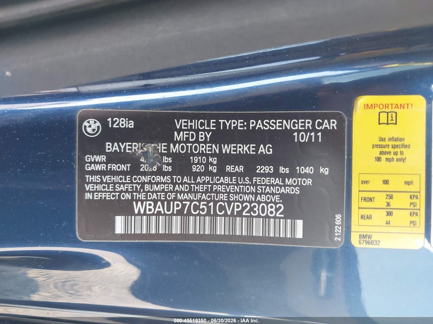 2012 BMW 1 series VIN WBAUP7C51CVP23082 IAAI salvage auction — NORMAL WEAR, Salvage (Florida), sold $550 on 2026-07-28 (photo 9)