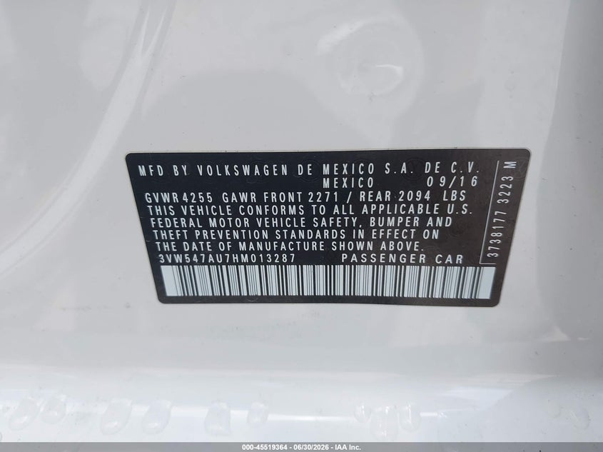 2017 Volkswagen Golf gti VIN 3VW547AU7HM013287 IAAI salvage auction — ROLLOVER, Salvage Title, sold $800 on 2026-07-29 (photo 9)