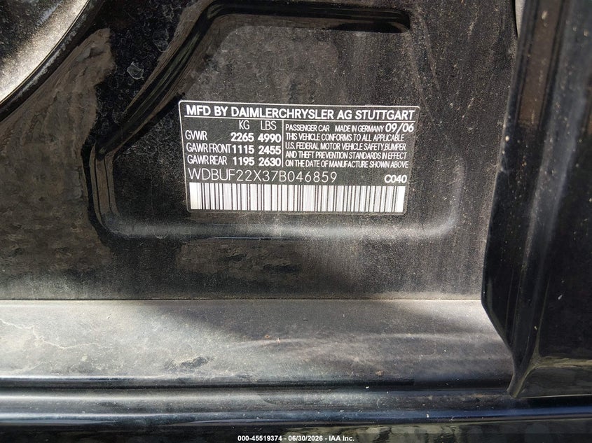 2007 Mercedes-benz E-class VIN WDBUF22X37B046859 IAAI salvage auction — REAR END, Salvage (Tennessee), sold $550 on 2026-07-30 (photo 9)
