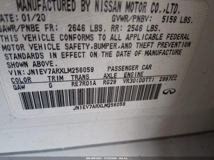 2020 Infiniti Q50 VIN JN1EV7ARXLM256059 IAAI salvage auction — HAIL, Salvage (Kansas), sold $7,525 on 2026-08-07 (photo 9)