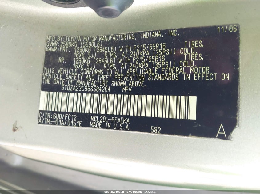 2006 Toyota Sienna VIN 5TDZA23C96S584264 IAAI salvage auction — NORMAL WEAR, Clear - Dealer Only (California), sold $625 on 2026-07-09 (photo 9)