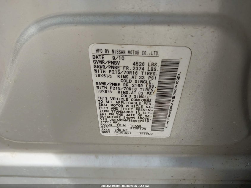 2011 Nissan Rogue sport VIN JN8AS5MV3BW662919 IAAI salvage auction — NORMAL WEAR, Clear (Oregon), sold $250 on 2026-07-14 (photo 9)
