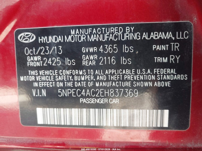 2014 Hyundai Sonata VIN 5NPEC4AC2EH837369 IAAI salvage auction — RIGHT FRONT, Salvage (Ohio), sold $425 on 2026-07-29 (photo 9)