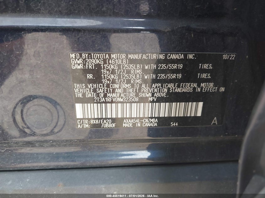 2022 Toyota Rav 4 VIN 2T3A1RFV0NW323508 IAAI salvage auction — FRONT END, Salvage Title, sold $8,900 on 2026-07-23 (photo 9)