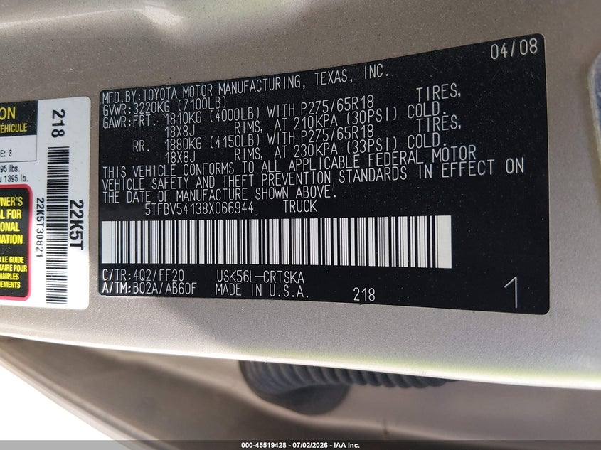 2008 Toyota Tundra VIN 5TFBV54138X066944 IAAI salvage auction — NORMAL WEAR, Original (New Hampshire), sold $2,250 on 2026-07-29 (photo 9)