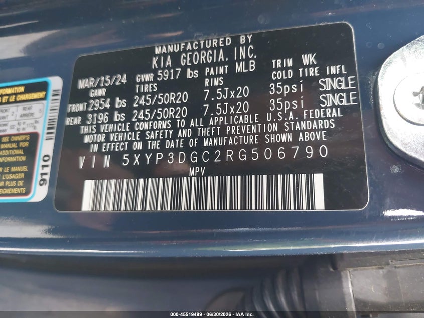2024 Kia Telluride VIN 5XYP3DGC2RG506790 IAAI salvage auction — SIDE, Salvage (California), sold $525 on 2026-07-29 (photo 9)