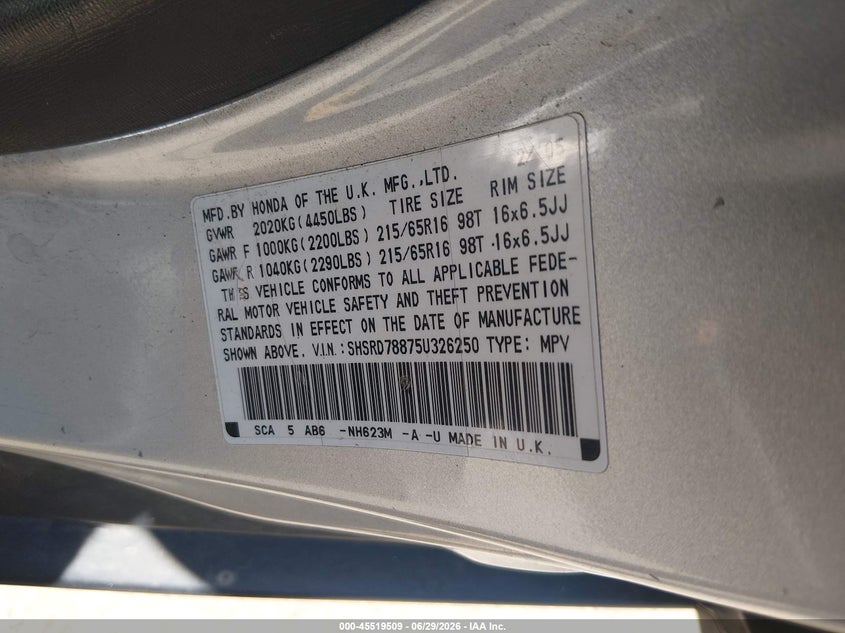 2005 Honda Cr-v VIN SHSRD78875U326250 IAAI salvage auction — NORMAL WEAR, Clear (Colorado), sold $1,725 on 2026-07-14 (photo 9)