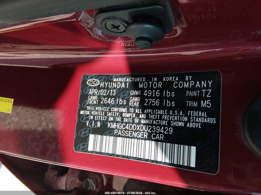 2013 Hyundai Genesis VIN KMHGC4DDXDU239429 IAAI salvage auction — ALL OVER, Original (Texas), sold $1,525 on 2026-07-20 (photo 9)