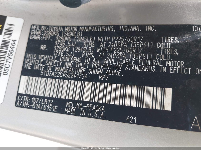 2005 Toyota Sienna VIN 5TDZA22C45S241734 IAAI salvage auction — SIDE, Clear (Virginia), sold $1,150 on 2026-07-19 (photo 9)