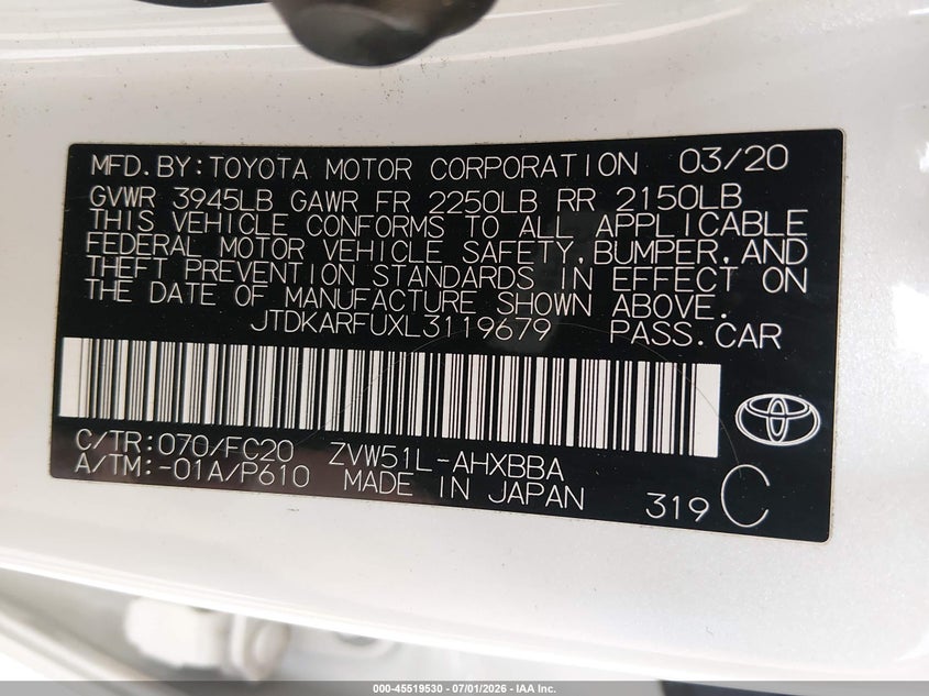 2020 Toyota Prius VIN JTDKARFUXL3119679 IAAI salvage auction — REAR END, Bill Of Sale (Washington), sold $6,300 on 2026-07-16 (photo 9)