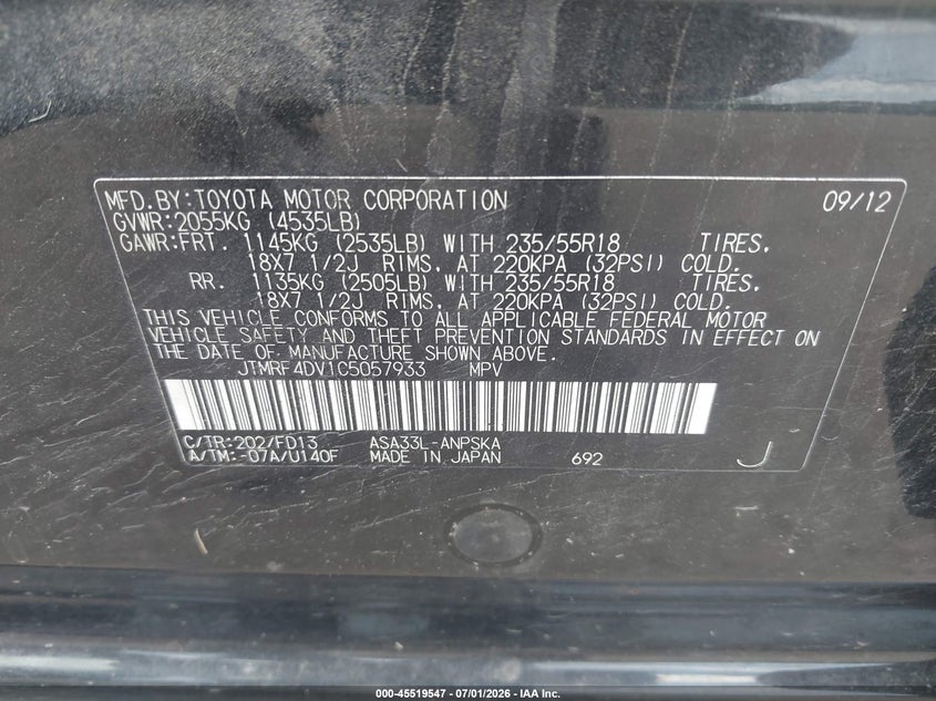 2012 Toyota Rav 4 VIN JTMRF4DV1C5057933 IAAI salvage auction — RIGHT FRONT, Salvage Title, sold $2,050 on 2026-07-28 (photo 9)