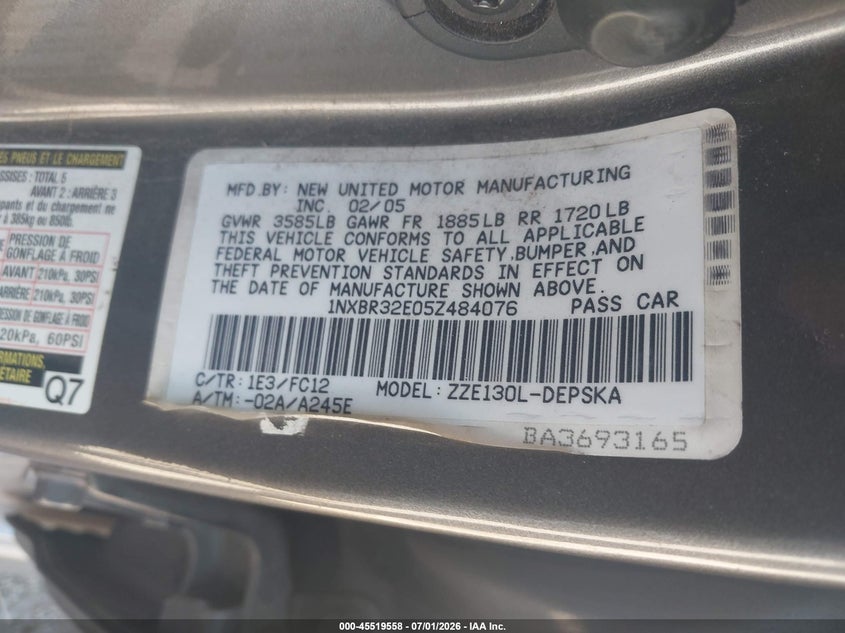 2005 Toyota Corolla VIN 1NXBR32E05Z484076 IAAI salvage auction — NORMAL WEAR, Clear-Dealer Only (Arizona), sold $1,250 on 2026-07-09 (photo 9)