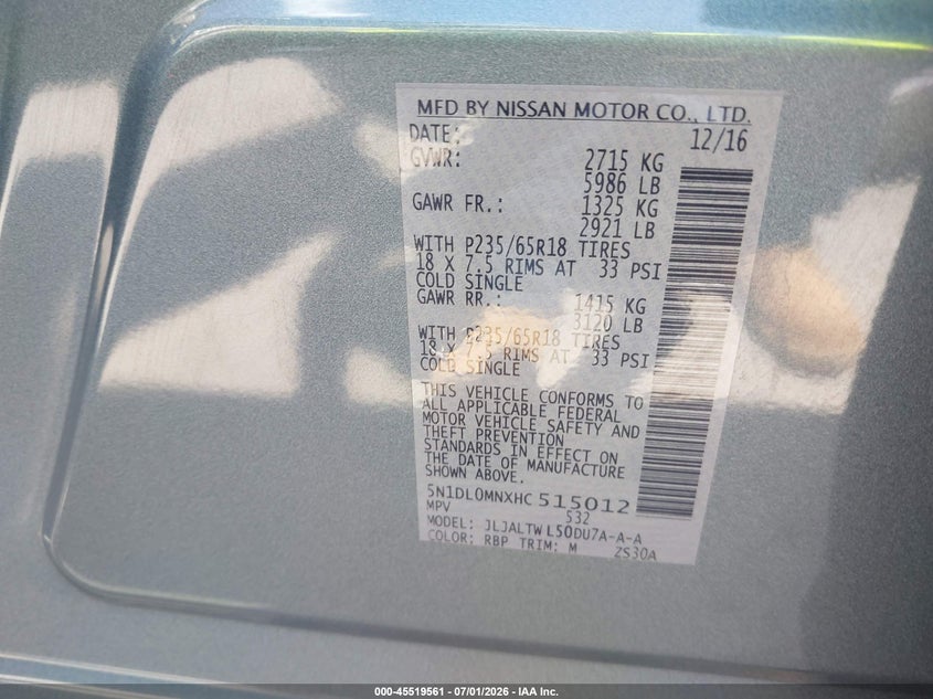 2017 Infiniti Qx60 VIN 5N1DL0MNXHC515012 IAAI salvage auction — ALL OVER, Original (Texas), sold $3,575 on 2026-08-03 (photo 9)