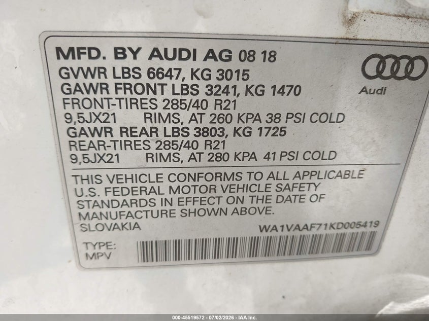 2019 Audi Q7 VIN WA1VAAF71KD005419 IAAI salvage auction — FRONT END, Clear (Wisconsin), sold $50 on 2026-07-28 (photo 9)