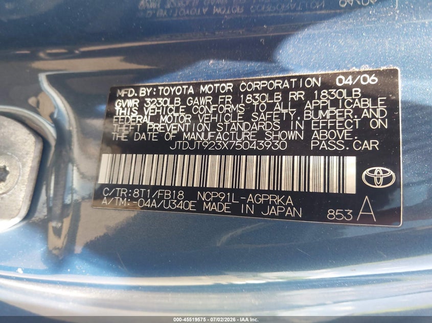 2007 Toyota Yaris VIN JTDJT923X75043930 IAAI salvage auction — NORMAL WEAR, Clear (Pennsylvania), sold $850 on 2026-07-14 (photo 9)