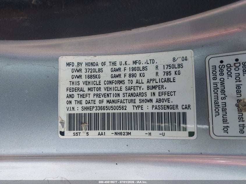 2005 Honda Civic VIN SHHEP33665U500562 IAAI salvage auction — RIGHT SIDE, Bill Of Sale (Washington), sold $1,450 on 2026-07-14 (photo 9)