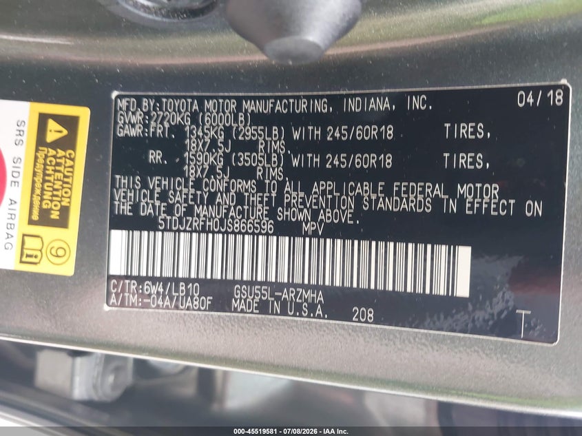2018 Toyota Highlander VIN 5TDJZRFH0JS866596 IAAI salvage auction — UNKNOWN, Salvage Title, sold $12,100 on 2026-07-30 (photo 9)
