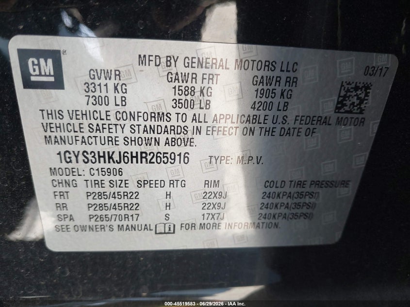 2017 Cadillac Escalade VIN 1GYS3HKJ6HR265916 IAAI salvage auction — FRONT END, Salvage (California), sold $8,800 on 2026-07-09 (photo 9)