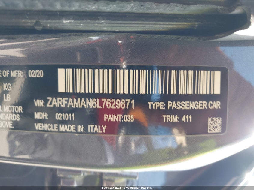 2020 Alfa romeo Giulia VIN ZARFAMAN6L7629871 IAAI salvage auction — WATER/FLOOD, Original (Texas), sold $7,100 on 2026-09-16 (photo 9)