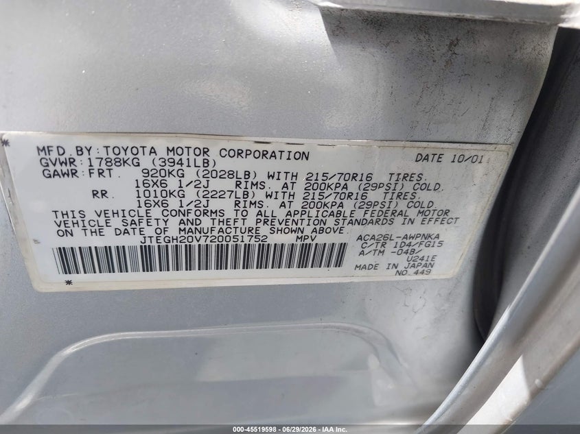 2002 Toyota Rav4 VIN JTEGH20V720051752 IAAI salvage auction — LEFT & RIGHT, Clear - Dealer Only (California), sold $875 on 2026-07-15 (photo 9)