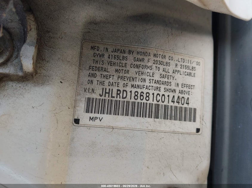 2001 Honda Cr-v VIN JHLRD18681C014404 IAAI salvage auction — NORMAL WEAR, Clear - Dealer Only (California), sold $1,000 on 2026-07-06 (photo 9)
