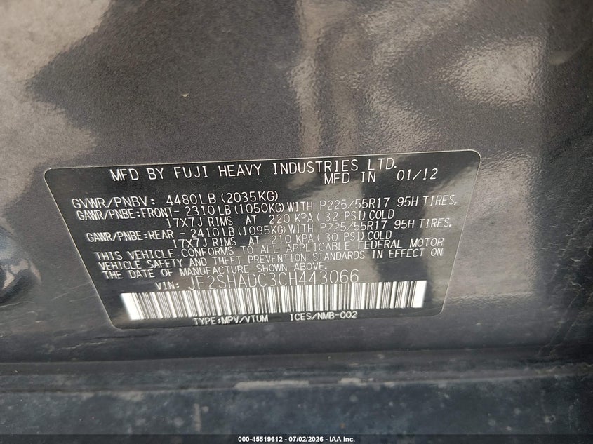 2012 Subaru Forester VIN JF2SHADC3CH443066 IAAI salvage auction — NORMAL WEAR, Regular Certificate (Iowa), sold $525 on 2026-07-14 (photo 9)