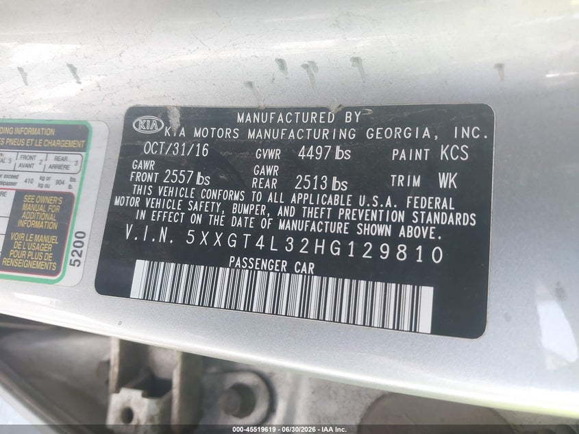 2017 Kia Optima VIN 5XXGT4L32HG129810 IAAI salvage auction — LEFT SIDE, Salvage (California), sold $1,500 on 2026-07-20 (photo 9)