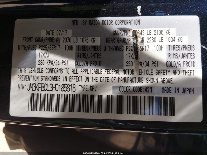 2017 Mazda Cx-5 VIN JM3KFBCL3H0185818 IAAI salvage auction — FRONT END, Salvage (North Carolina), sold $450 on 2026-07-27 (photo 9)