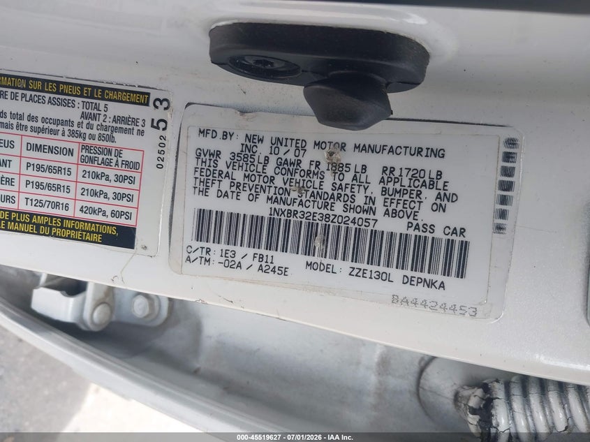 2008 Toyota Corolla VIN 1NXBR32E38Z024057 IAAI salvage auction — REAR END, Salvage (California), sold $1,050 on 2026-07-11 (photo 9)