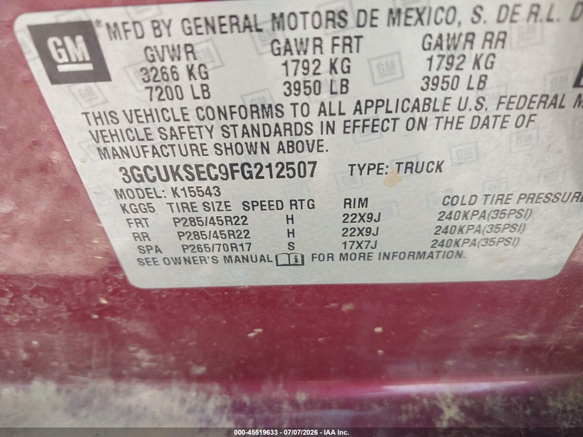 2015 Chevrolet Silverado VIN 3GCUKSEC9FG212507 IAAI salvage auction — SIDE, Salvage (Arkansas), sold $1,300 on 2026-08-01 (photo 9)