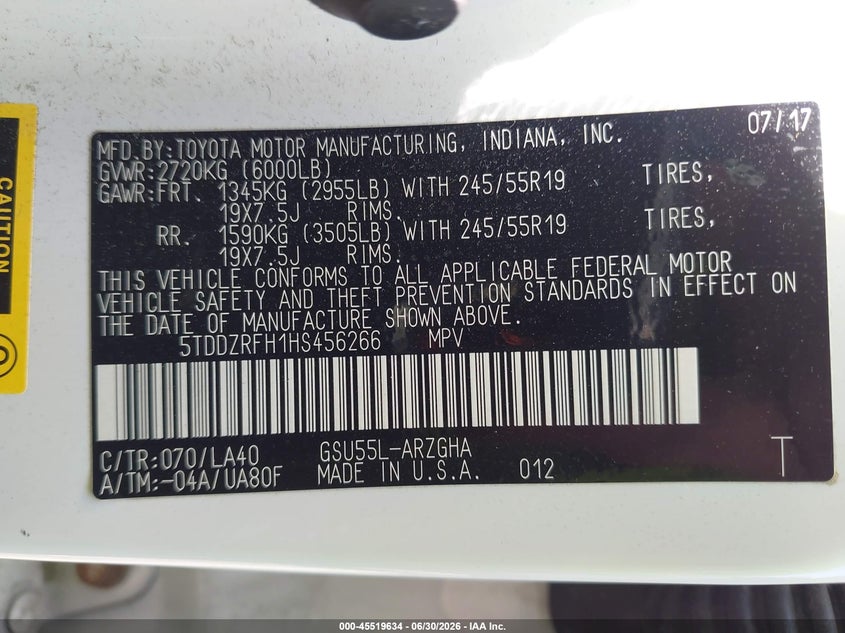 2017 Toyota Highlander VIN 5TDDZRFH1HS456266 IAAI salvage auction — NORMAL WEAR, Original (Ohio), sold $12,100 on 2026-07-09 (photo 9)