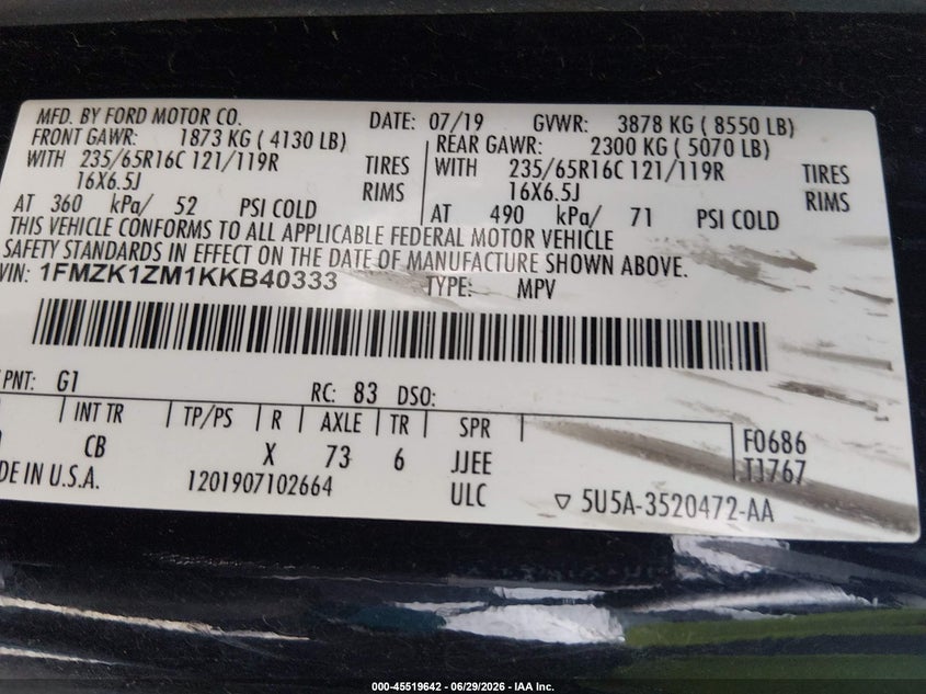 2019 Ford Transit 150 VIN 1FMZK1ZM1KKB40333 IAAI salvage auction — NORMAL WEAR, Sf97 (Nevada), sold $7,850 on 2026-07-30 (photo 9)