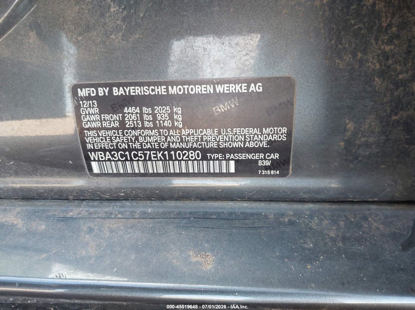 2014 BMW 3er VIN WBA3C1C57EK110280 IAAI salvage auction — NORMAL WEAR, Original (Texas), sold $700 on 2026-07-29 (photo 9)