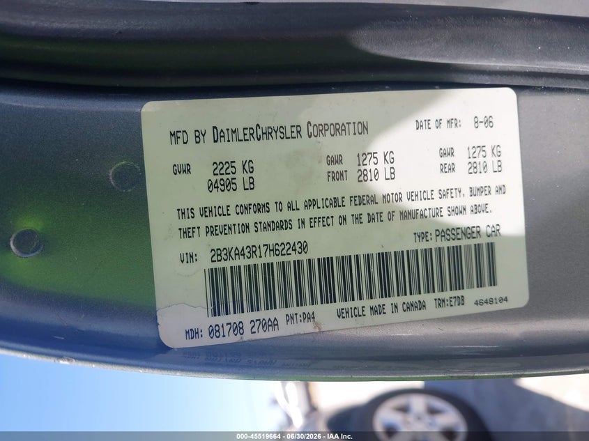 2007 Dodge Charger VIN 2B3KA43R17H622430 IAAI salvage auction — NORMAL WEAR, Clear - Dealer Only (California), sold $425 on 2026-07-09 (photo 9)