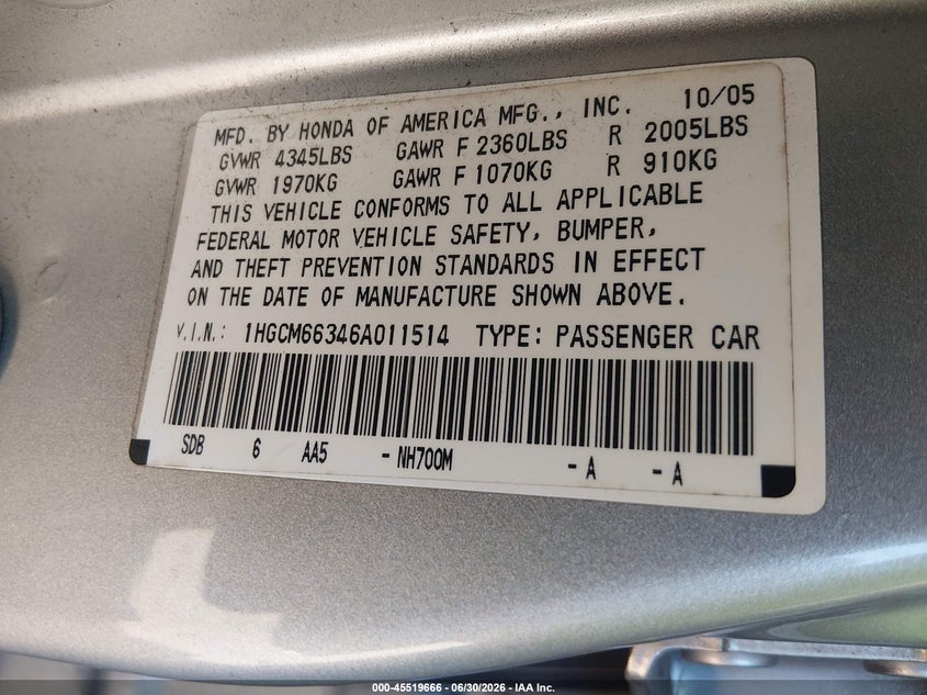 2006 Honda Accord VIN 1HGCM66346A011514 IAAI salvage auction — RIGHT FRONT, Salvage (Arizona), sold $450 on 2026-07-09 (photo 9)