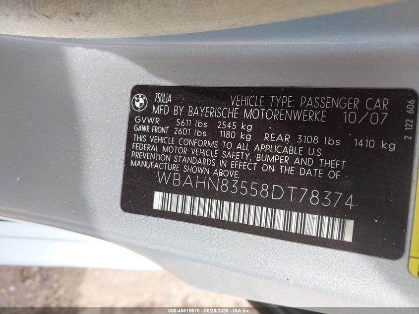 2008 BMW 7 series VIN WBAHN83558DT78374 IAAI salvage auction — MECHANICAL, Clear (Georgia), sold $525 on 2026-07-29 (photo 9)