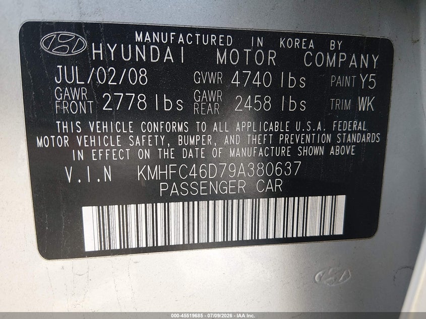 2009 Hyundai Azera VIN KMHFC46D79A380637 IAAI salvage auction — FRONT END, Clear (Massachusetts), sold $350 on 2026-07-22 (photo 9)