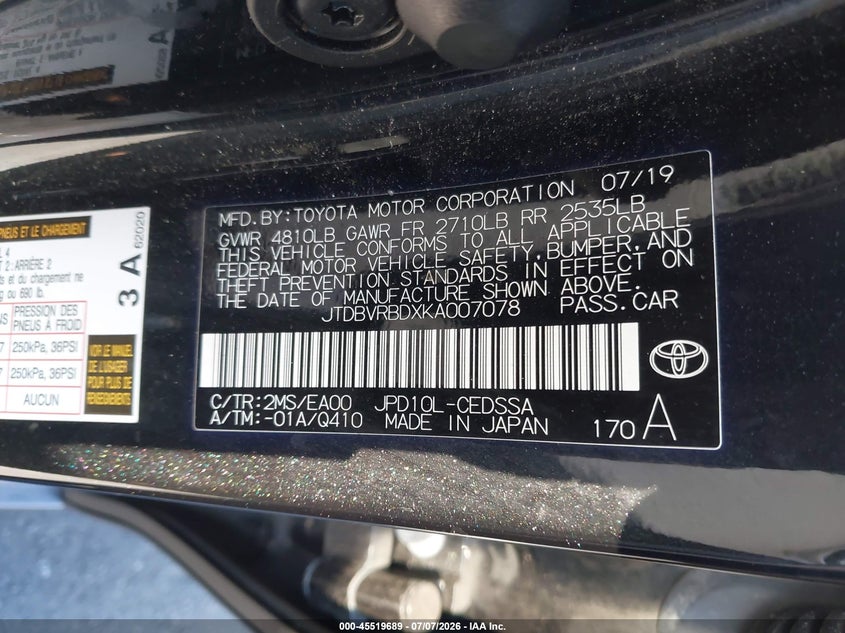 2019 Toyota Mirai VIN JTDBVRBDXKA007078 IAAI salvage auction — RIGHT FRONT, Salvage Title, sold $400 on 2026-07-31 (photo 9)