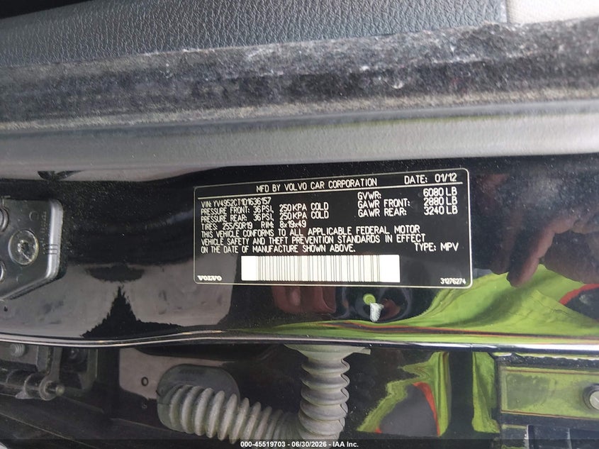 2013 Volvo Xc90 VIN YV4952CT1D1636157 IAAI salvage auction — SIDE, Salvage (Connecticut), sold $650 on 2026-07-10 (photo 9)