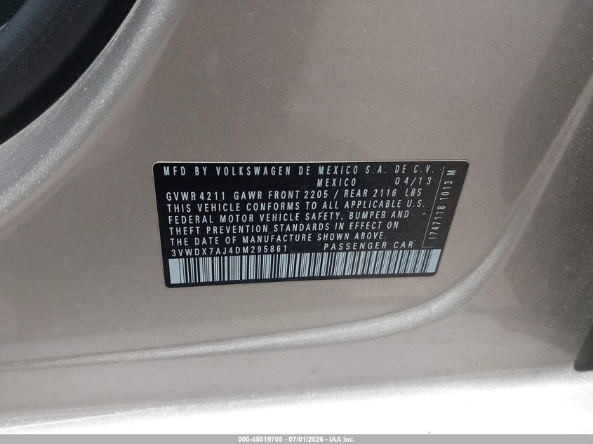 2013 Volkswagen Jetta VIN 3VWDX7AJ4DM295861 IAAI salvage auction — LEFT REAR, Salvage Title, sold $1,100 on 2026-08-02 (photo 9)