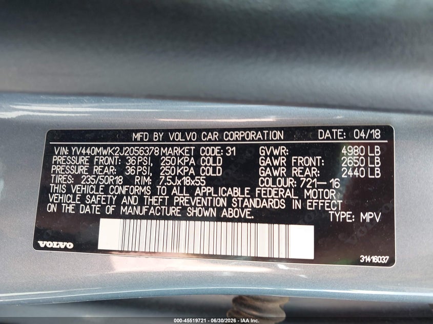 2018 Volvo V60 cross country VIN YV440MWK2J2056378 IAAI salvage auction — LEFT SIDE, Salvage Title, sold $2,500 on 2026-07-23 (photo 9)