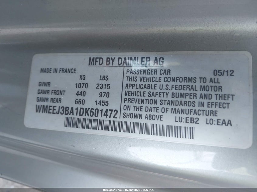 2013 Smart Fortwo VIN WMEEJ3BA1DK601472 IAAI salvage auction — LEFT REAR, Wait Title, sold $25 on 2026-08-13 (photo 9)