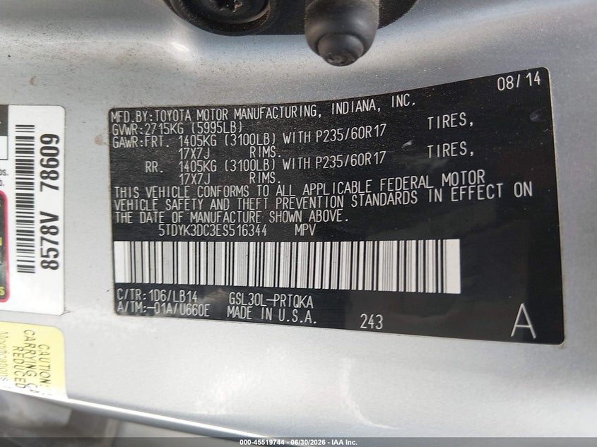 2014 Toyota Sienna VIN 5TDYK3DC3ES516344 IAAI salvage auction — LEFT FRONT, Salvage (California), sold $75 on 2026-07-31 (photo 9)