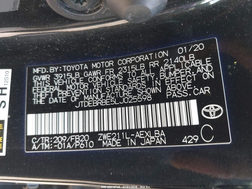 2020 Toyota Corolla VIN JTDEBRBE5LJ025598 IAAI salvage auction — REAR END, Salvage - Greater Than 75% (Maryland), sold $4,300 on 2026-07-22 (photo 9)